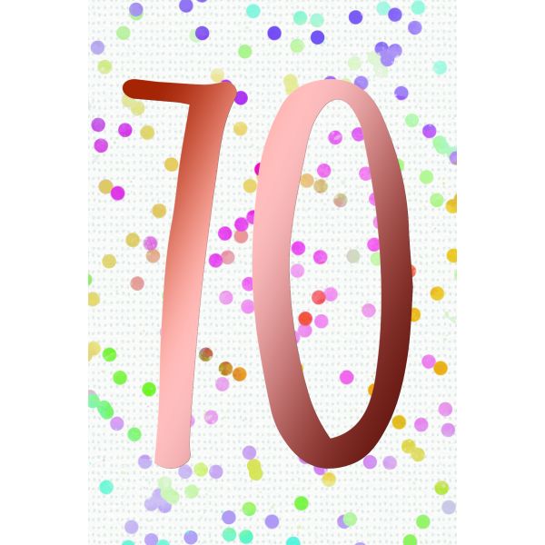 70. Geburtstag  Karte mit Briefumschlag bunte Punkte, roségoldene Metallicfolie