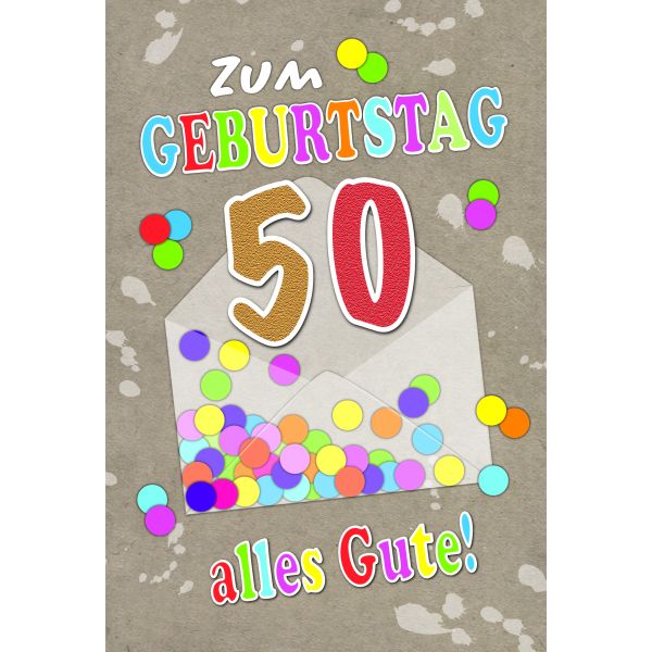 50. Geburtstag  Karte mit Briefumschlag Konfetti, Briefumschlag