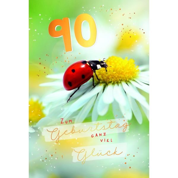 A 90. Geburtstag  Karte mit Briefumschlag Marienkäfer auf Blüte, mit Goldfolie