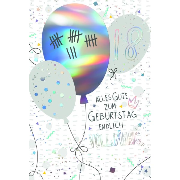 18. Geburtstag  Karte mit Briefumschlag Luftballons, mit Regenbogenfolie