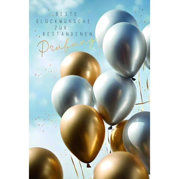 Prüfung  Karte mit Briefumschlag Luftballons, mit Goldfolie