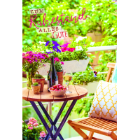 Ruhestand  Karte mit Briefumschlag Tisch mit Blumen, Wein...