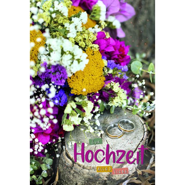 Hochzeit  Karte mit Briefumschlag Eheringe auf Baumstumpf, Blumen