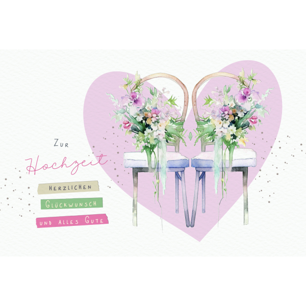 Hochzeit  Karte mit Briefumschlag Herz, zwei Stühle, Blumenstrauß