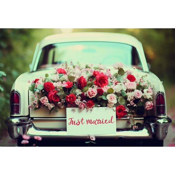 Hochzeit  Karte mit Briefumschlag Rosen am Autoheck