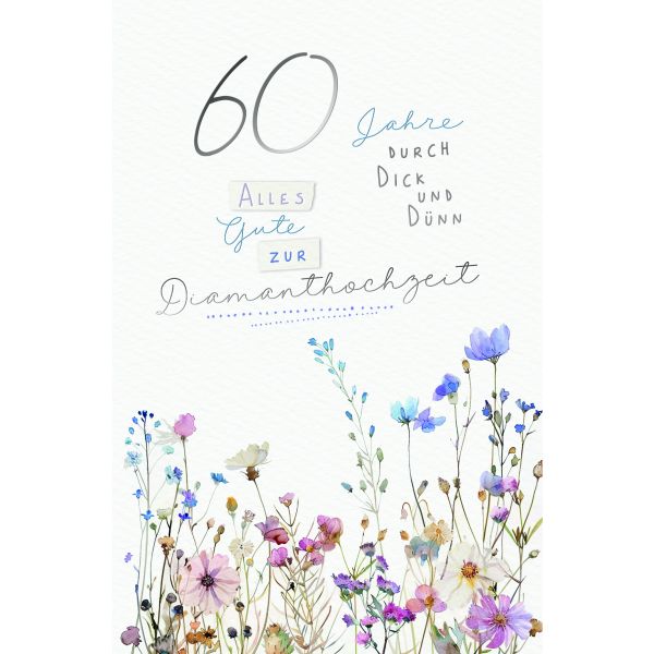 Diamanthochzeit 60. Hochzeitstag Karte mit Briefumschlag Blumen mit Silberfolie