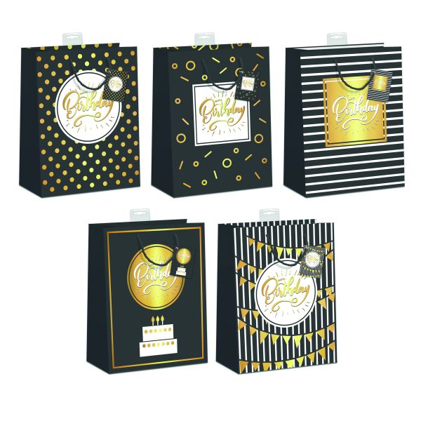 10 Geschenktaschen, Sortiert Large / A4-Format Happy Birthday, Torte, Girlande, Punkte, Gold UVP: 25,00€ pro Türe 2,50
