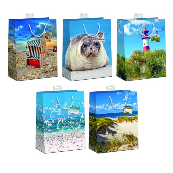 10 Geschenktaschen, Sortiert Large / A4-Format Maritim, Leuchtturm, Seehund, Strandkorb, Möwen UVP: 25,00€ pro Türe 2,50