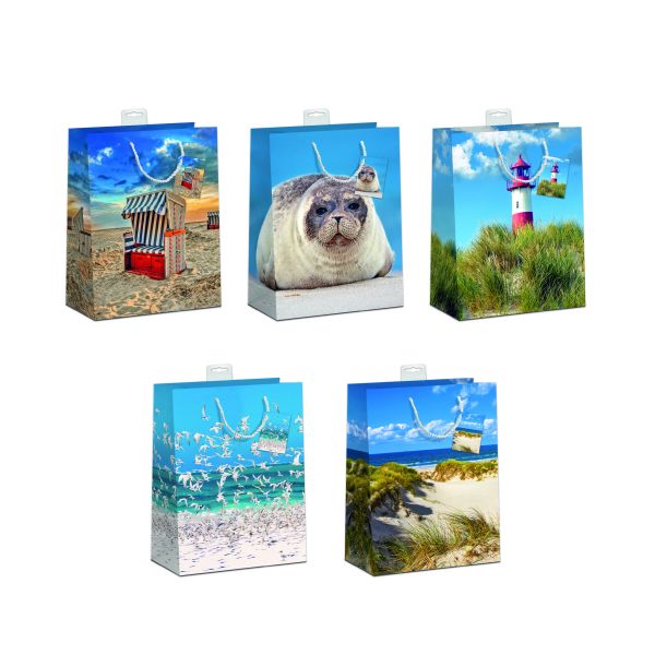 10 Geschenktaschen, Sortiert Medium / A5-Format Maritim, Leuchtturm, Seehund, Strandkorb, Möwen UVP: 19,50€ pro Türe 1,95€