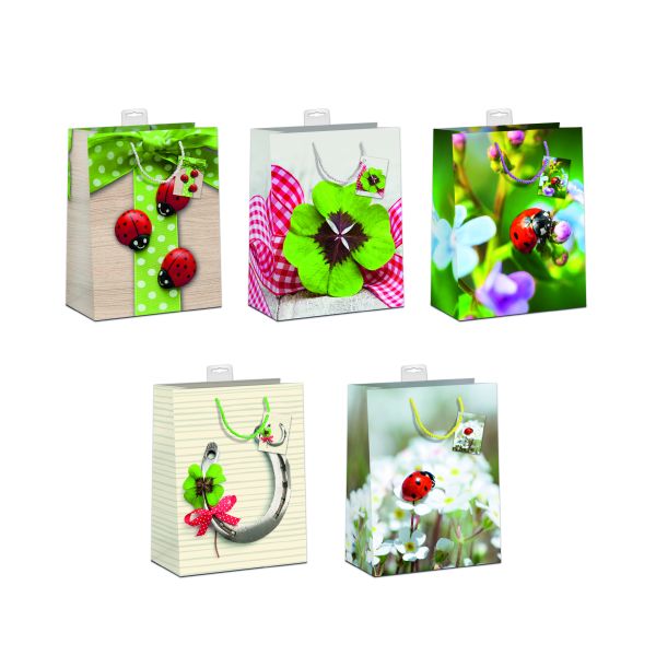 10 Geschenktaschen, Sortiert Medium / A5-Format Glücksmotive, Marienkäfer, Hufeisen, Kleeblatt UVP: 19,50€ pro Türe 1,95€
