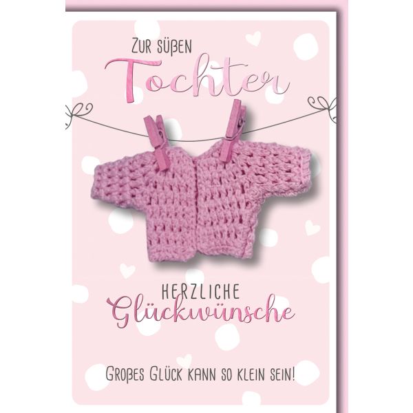 Geburt Baby Mädchen Glückwunschkarte mit Umschlag Jäckchen an Wäscheleine Freudiges Ereignis