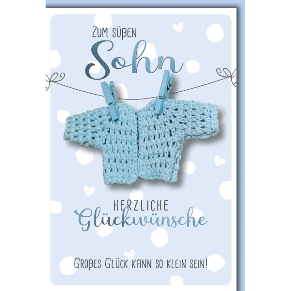 Geburt Baby Junge Glückwunschkarte mit Umschlag Jäckchen an Wäscheleine Freudiges Ereignis