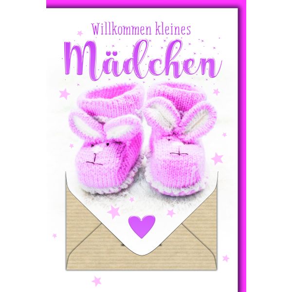 Geburt Baby Mädchen Geldkarte Karte mit Umschlag Mädchenschuhe gestrickt Freudiges Ereignis
