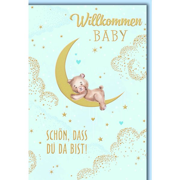Geburt Baby Junge Glückwunschkarte mit Umschlag Teddy auf Mond Freudiges Ereignis