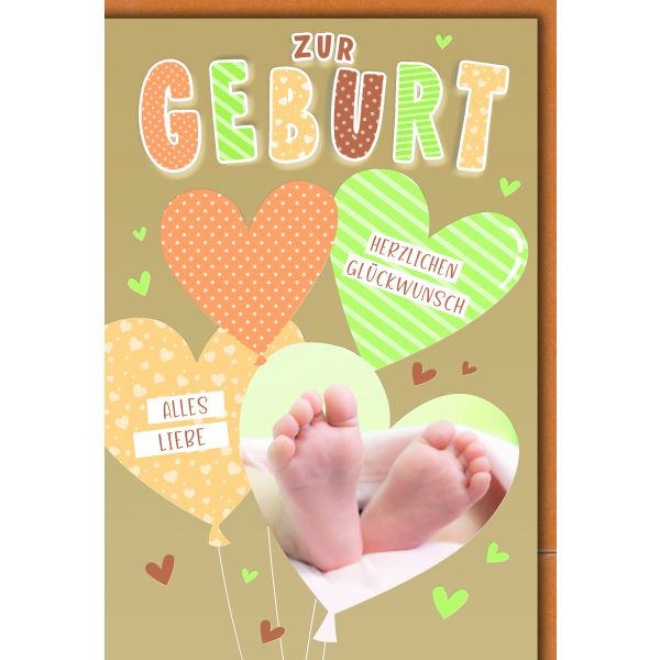 Geburt Baby Freudiges Ereignis Glückwunschkarte mit Umschlag Babyfüße im Herzluftballon