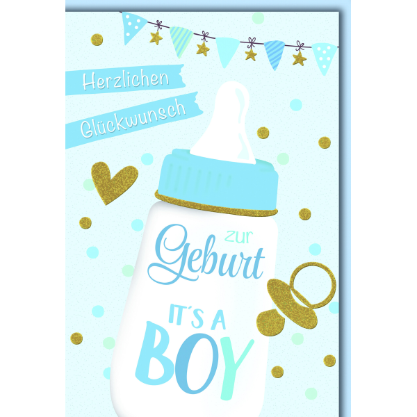 Geburt Baby Junge Glückwunschkarte mit Umschlag Babyflasche