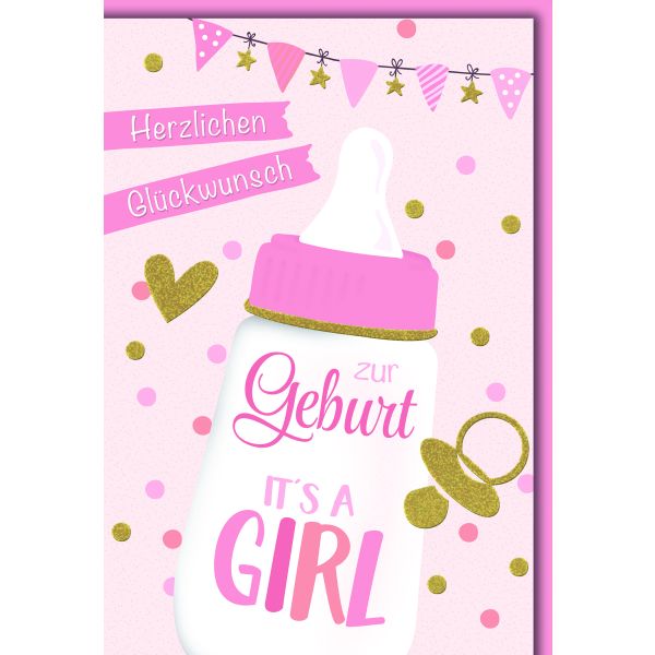 Geburt Baby Mädchen Glückwunschkarte mit Umschlag Babyflasche