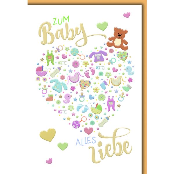Geburt Baby Freudiges Ereignis Glückwunschkarte mit Umschlag Babysymbole bilden ein Herz