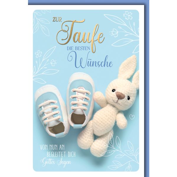 Taufe Glückwunschkarte mit Briefumschlag Schuhe & Strickhase, Boy