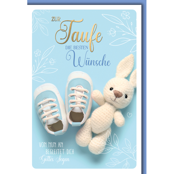 Taufe Glückwunschkarte mit Briefumschlag Schuhe & Strickhase, Boy