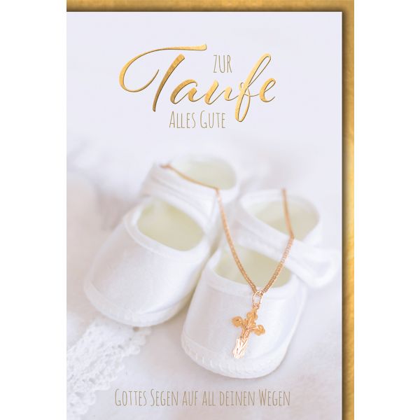 Taufe Glückwunschkarte mit Briefumschlag Schuhe & goldenes Kreuz