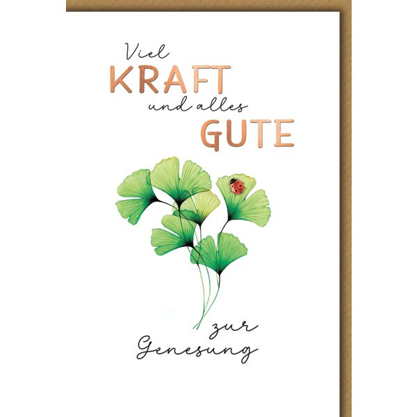 Genesung Grußkarte mit Briefumschlag Ginkgo, Marienkäfer Viel Kraft und alles Gute