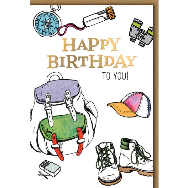 Geburtstag Glückwunschkarte mit Briefumschlag Wanderausrüstung, gezeichnet