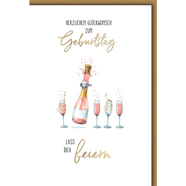Geburtstag Glückwunschkarte mit Briefumschlag Sektflasche & Gläser, aquarell