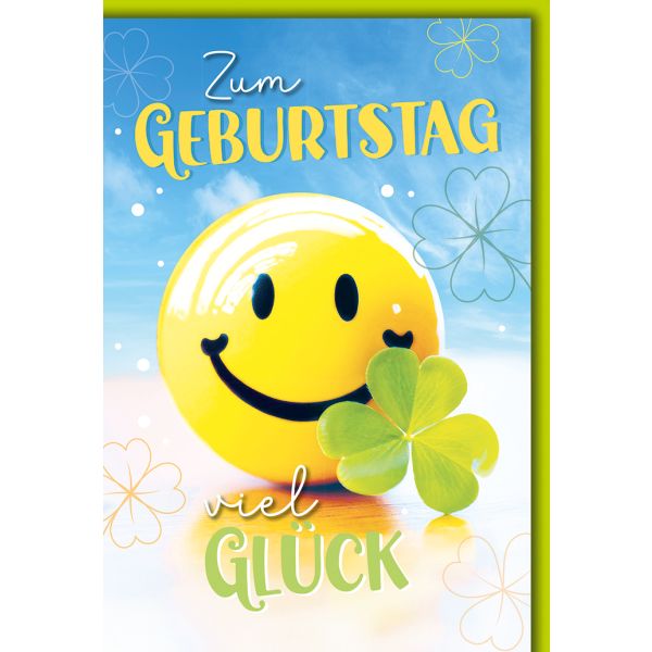 Geburtstag Glückwunschkarte mit Briefumschlag Smiley & Kleeblatt