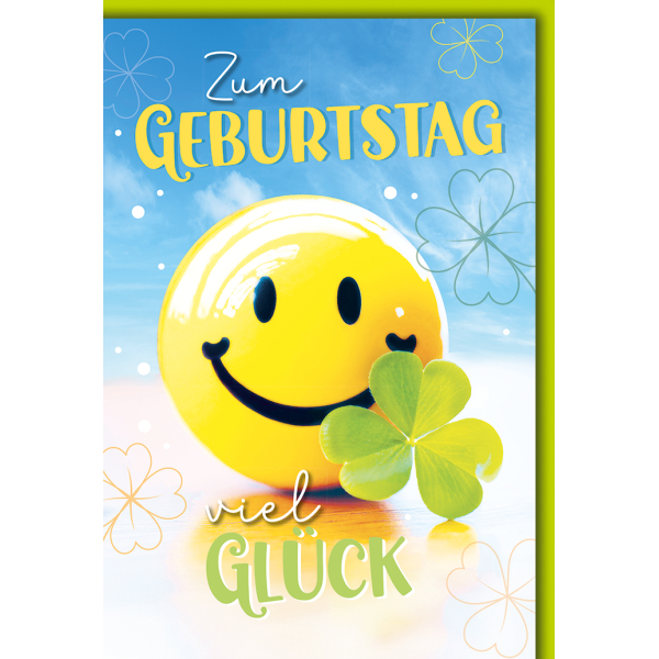 Geburtstag Glückwunschkarte mit Briefumschlag Smiley & Kleeblatt