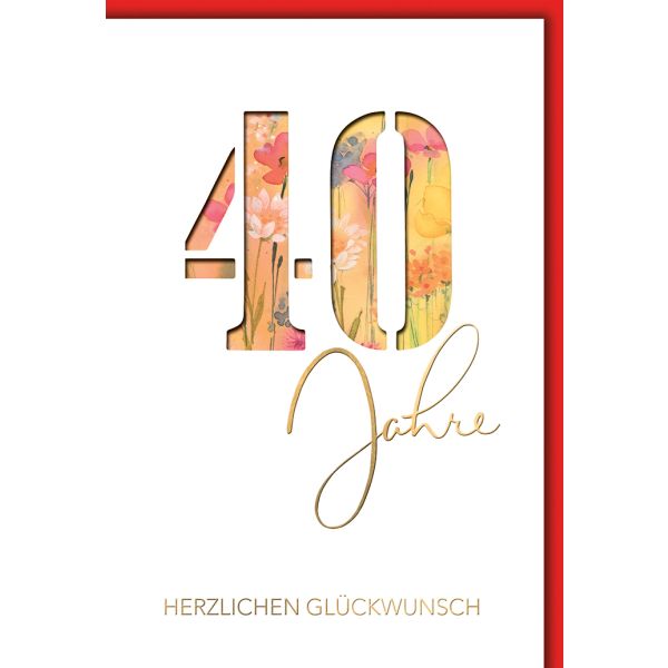 40. Geburtstag Glückwunschkarte mit Briefumschlag 40, aquarell, gestanzt
