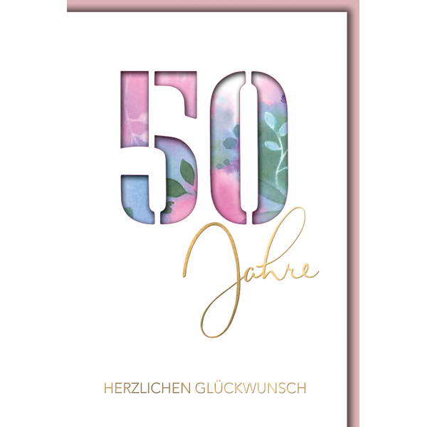 50. Geburtstag Glückwunschkarte mit Briefumschlag 50, aquarell, gestanzt