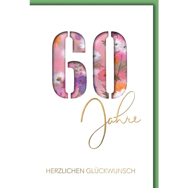 60. Geburtstag Glückwunschkarte mit Briefumschlag 60, aquarell, gestanzt