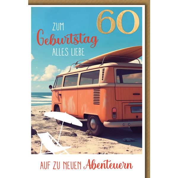 60. Geburtstag Glückwunschkarte mit Briefumschlag Alter Bus, Alter Camper