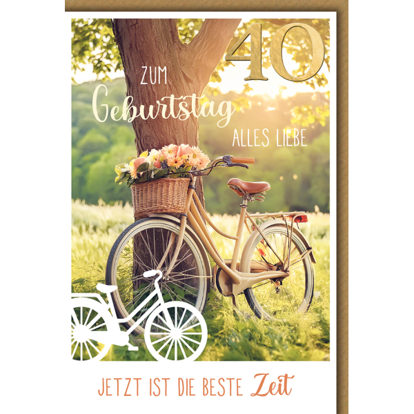 40. Geburtstag Glückwunschkarte mit Briefumschlag Fahrrad am Baum