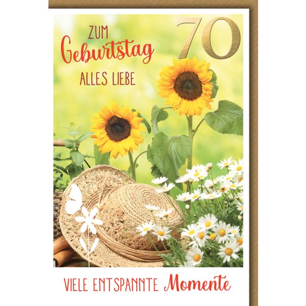 70. Geburtstag Glückwunschkarte mit Briefumschlag Sonnenblumen & Hut