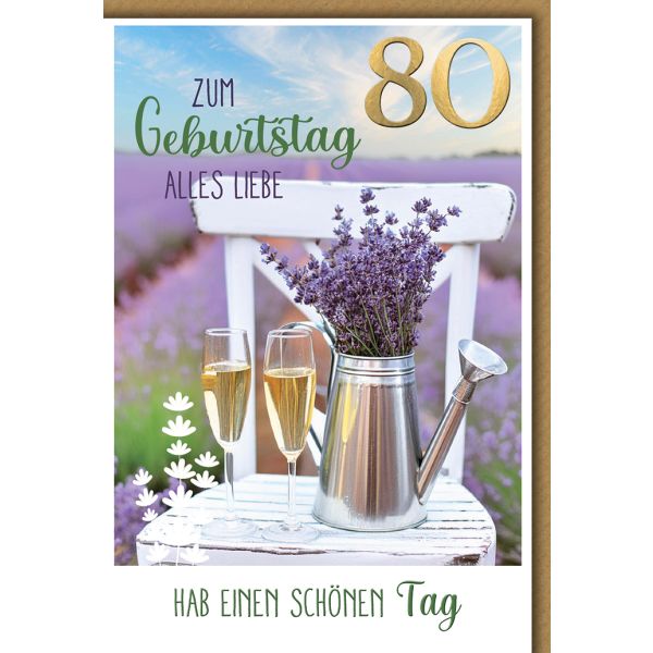 80. Geburtstag Glückwunschkarte mit Briefumschlag Sektgläser & Lavendel