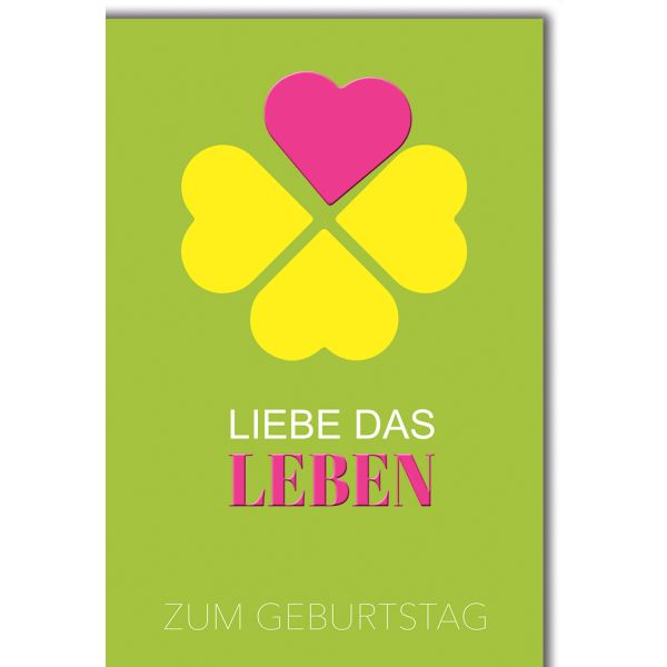 Geburtstag Glückwunschkarte mit Briefumschlag Kleeblatt aus Herzen auf grün