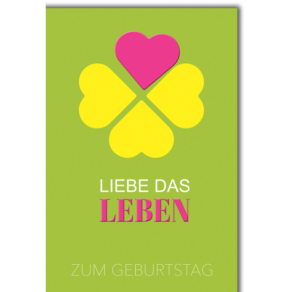 Geburtstag Glückwunschkarte mit Briefumschlag Kleeblatt aus Herzen auf grün
