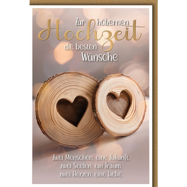 Hölzerne Hochzeit Glückwunschkarte mit Briefumschlag Holzherzen