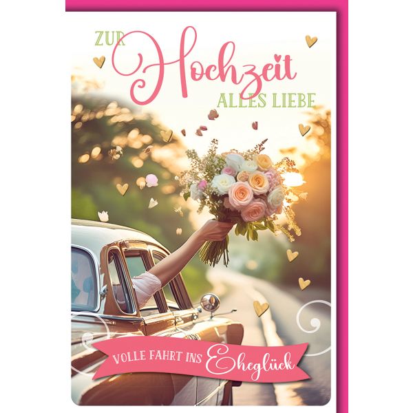 Hochzeitskarten Glückwunschkarte mit Briefumschlag Auto & Blumenstrauß