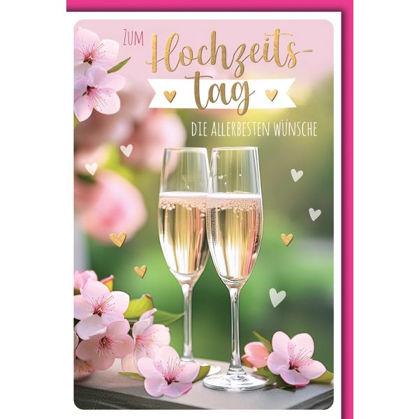 Hochzeitstag Glückwunschkarte mit Briefumschlag Sektgläser & Kirschblüten