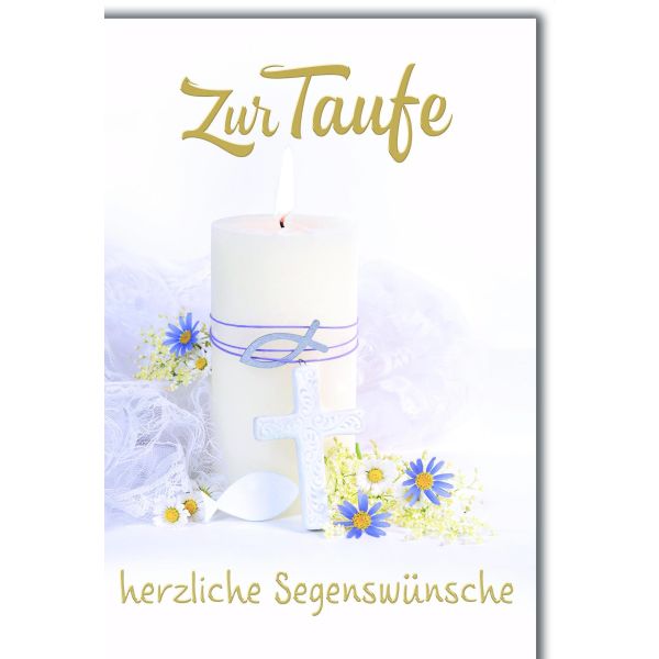 Taufe Glückwunschkarte mit Briefumschlag Taufkerze & weißes Kreuz