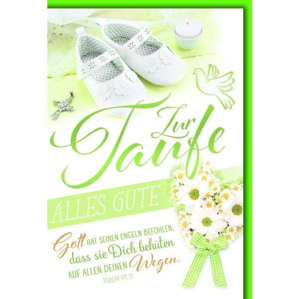 Taufe Glückwunschkarte mit Briefumschlag Taufschuhe & Blumenherz