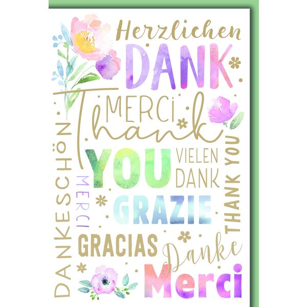 Danke Grußkarte mit Briefumschlag Pastell in vielen Sprachen