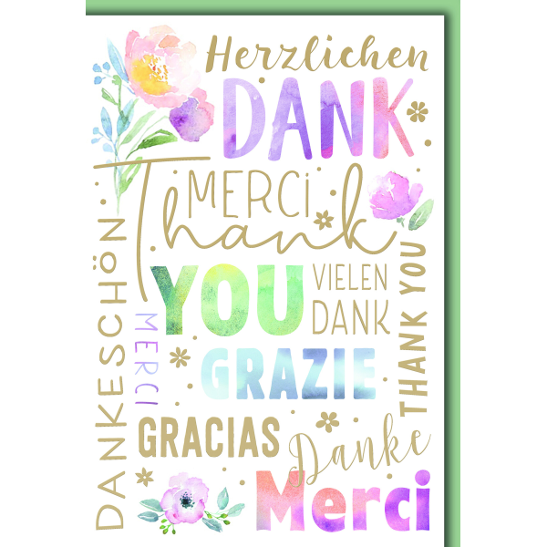 Danke Grußkarte mit Briefumschlag Pastell in vielen Sprachen