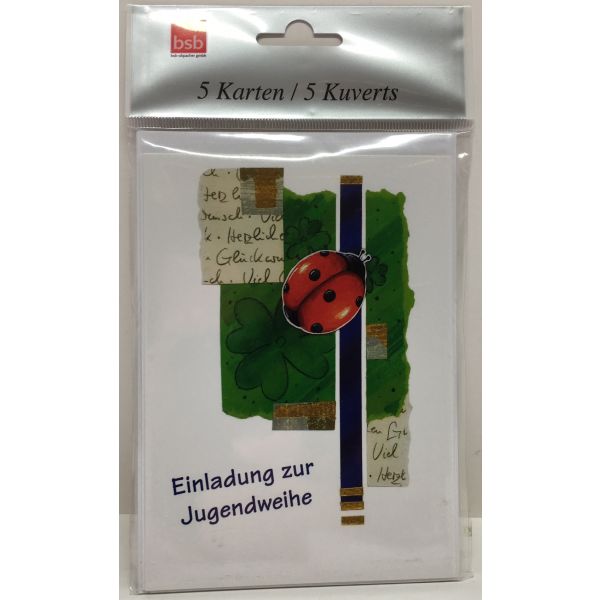 Jugendweihe 5 Einladungskarten mit 5 Umschlägen  Marienkäfer
