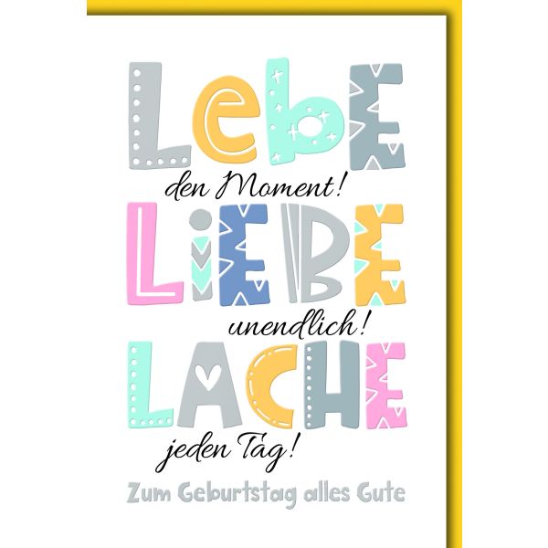 Geburtstag Glückwunschkarte mit Briefumschlag Lebe Liebe Lache