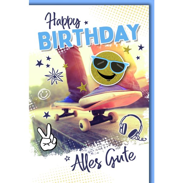 Geburtstag Glückwunschkarte mit Briefumschlag Skateboard und Smiley