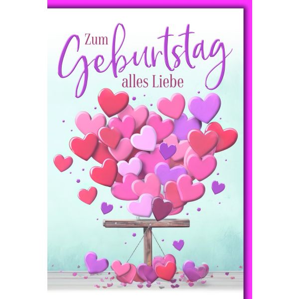 Geburtstag Glückwunschkarte mit Briefumschlag Zufliegende Herzen